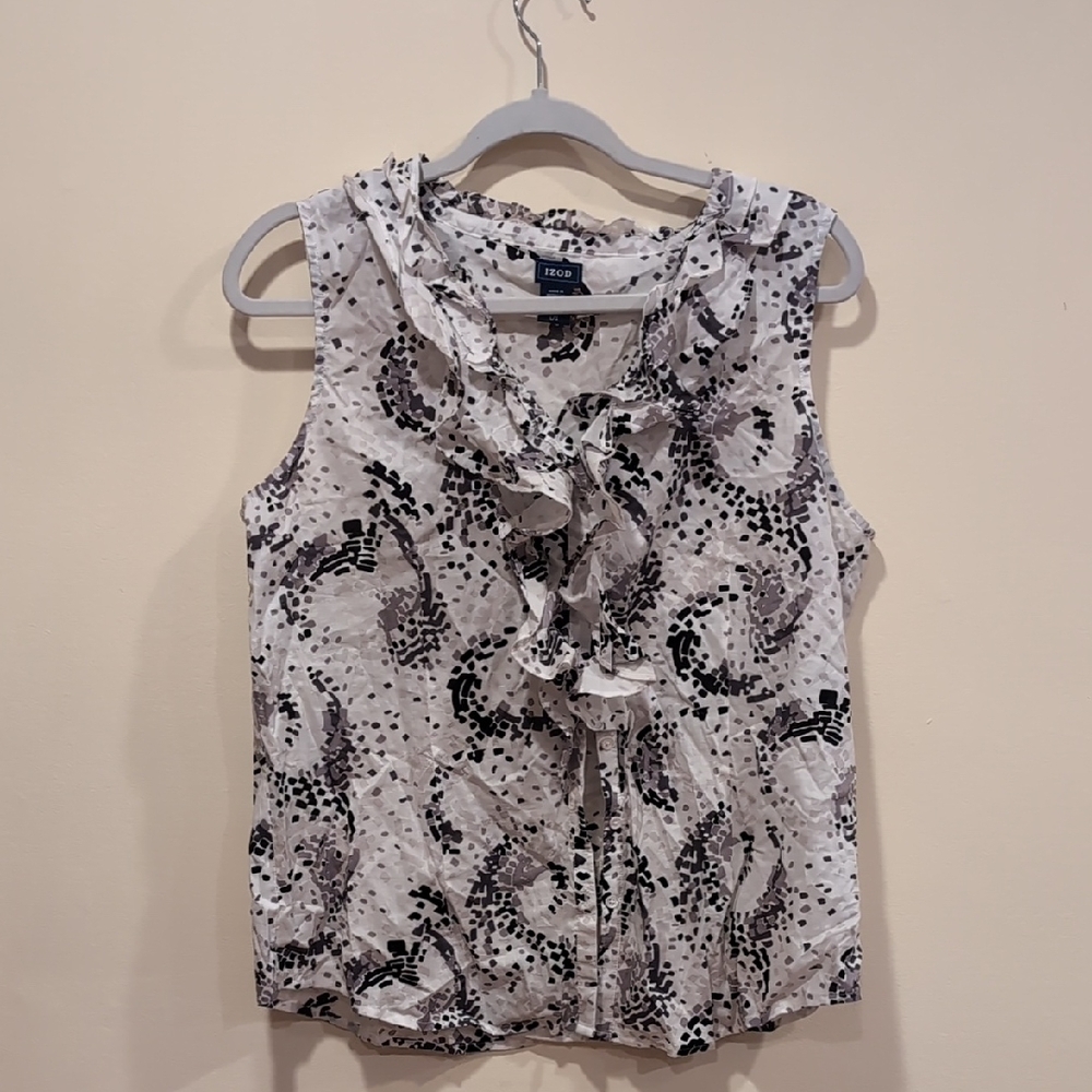 Izod Black and White Patterned Ruffle Blouse